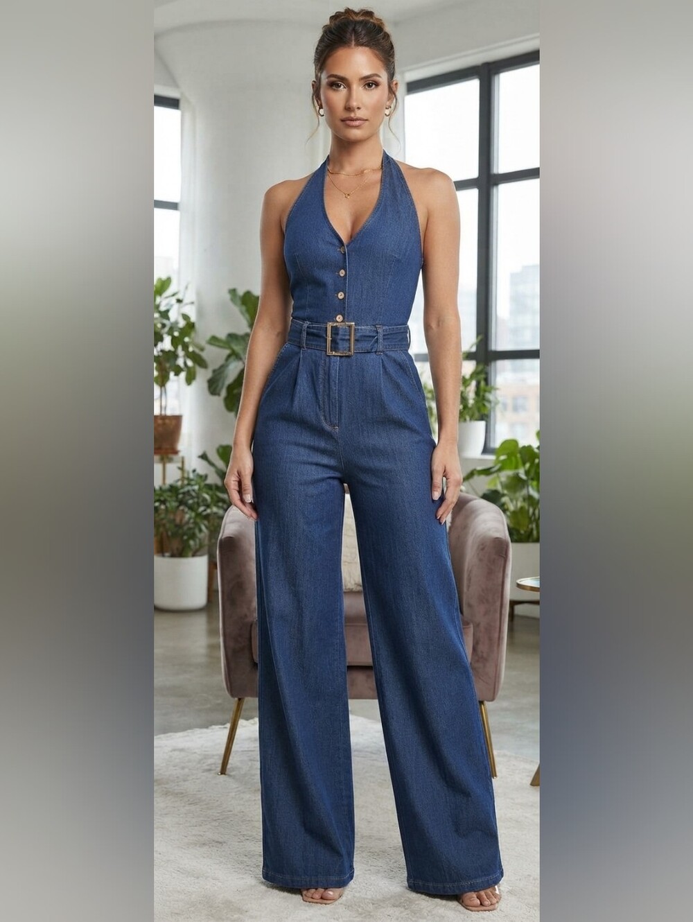 Haute Monde Dark Blue Halter Wide-Leg Denim Jumpsuit with Belt